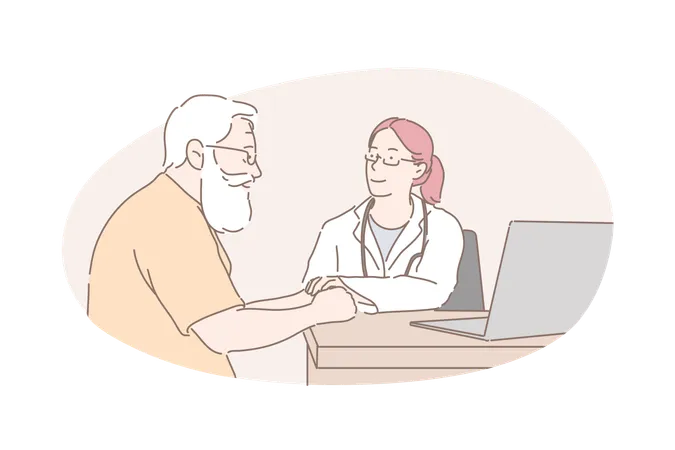 Healthcare Industry Health Examination Doctor Advice Concept Old Man Receiving Medical Help Professional Doctor Consultation Friendly Practitioner Telling Patient Good News Simple Flat Vector Illustration