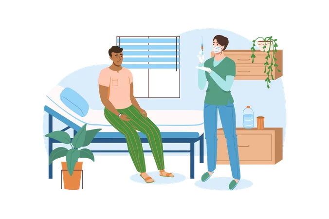 Medical Office Blue Concept With People Scene In The Flat Cartoon Style Doctor Is Preparing To Give The Patient An Injection Vector Illustration Illustration