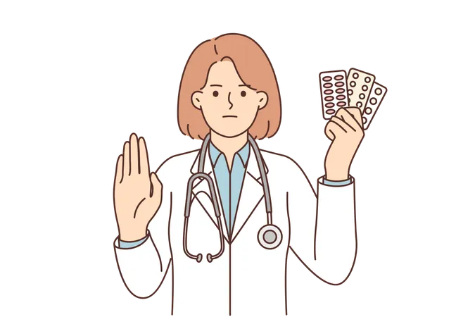 Woman Doctor With Pills In Hands Shows Stop Gesture Urging To Stop Taking Antibiotics Or Antidepressants Doctor Recommends Limiting Antidepressant Treatment Due To Addiction Or Side Effects Illustration