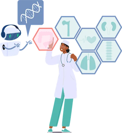 Doctor Integrates An Artificial Intelligence Assistant Into Medical Practice Enhancing Diagnostics Treatment Planning And Patient Care Through Advanced Data Analysis And Personalized Healthcare Illustration