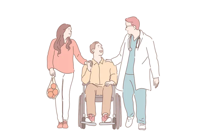 Disability Injury Health Support Concept Young Man In Wheelchair With His Wife Talking To Physiotherapist Positive Prognosis Rehabilitation Invalid Guy And Girl Met With Doctor Flat Vector Illustration