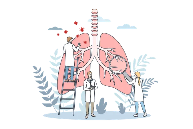 Pulmonology And Lungs Healthcare Concept Young Doctors Cartoon Characters In White Uniform Examining Lungs And Respiratory System For Internal Organ Inspection Check For Illness Disease Or Problems Illustration
