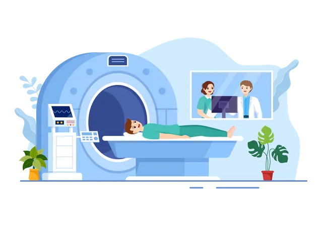 MRI Or Magnetic Resonance Imaging Illustration With Doctor And Patient On Medical Examination And CT Scan In Flat Cartoon Hand Drawn Templates Illustration