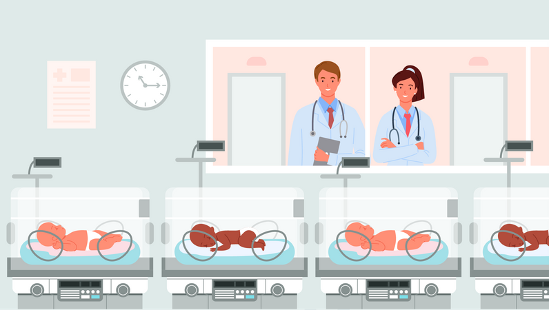 Doctor keeping eye on newborn babies in dorm  Illustration