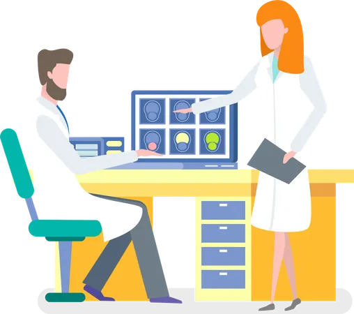 Male Doctor And Female Nurse Looking At Results Of Patient Brain Scan On The Monitor Screen Health Care Medical Diagnosis Oncology Treatment Vector Illustration