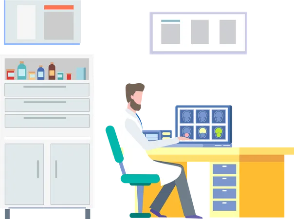 Doctor Sitting In Cabinet Looking At Results Of Magnetic Resonance Imaging Or Computer Tomography Scan Medical Diagnosis Disease Treatment Vector Illustration