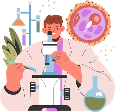 Doctor looking at sperm cell inside microscope  Illustration