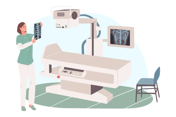 Doctor looking at x-ray picture in radiographic examination room  Illustration