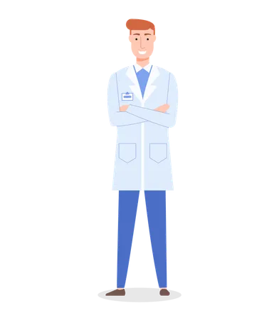Doctor Man Or Surgeon Wearing Medical Gown Handsome Therapist With Badge Healthcare And Medical Concept Physician Or Medical Specialist In Flat Style Medical Staff Worker Smiling Isolated Illustration