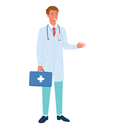 Médico varón con botiquín médico  Ilustración