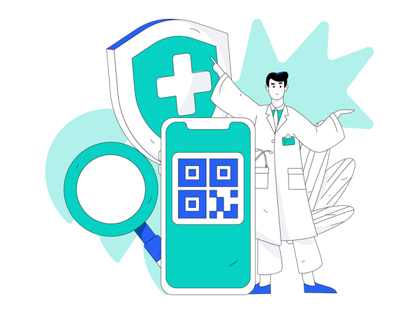 Médico masculino con código qr  Ilustración