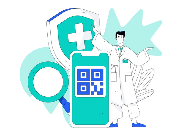 Médico masculino con código qr  Ilustración