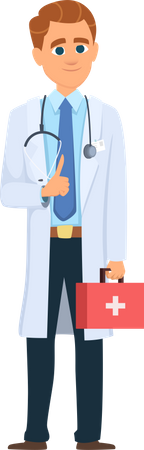 Médico varón sosteniendo botiquín médico  Ilustración