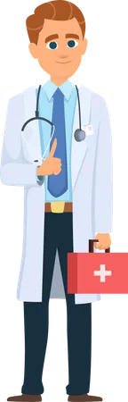 Médico varón sosteniendo botiquín médico  Ilustración