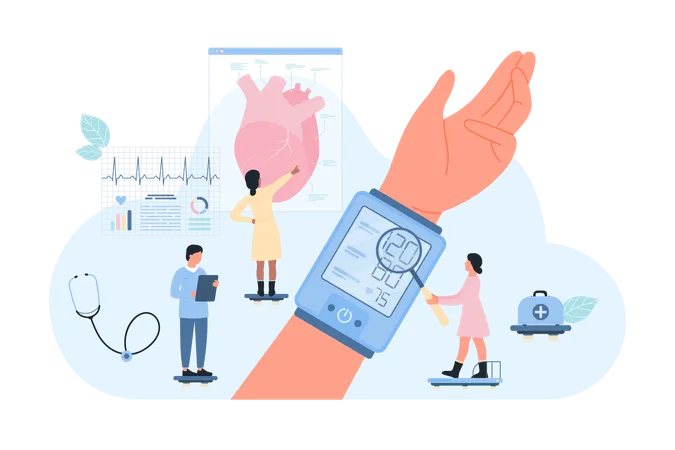 Heart Health Checkup Cardiology Vector Illustration Cartoon Tiny People Measure Blood Pressure On Hand Of Patient In Hospital Examining Data On Digital Monitor Of Electric Device For Treatment 일러스트레이션