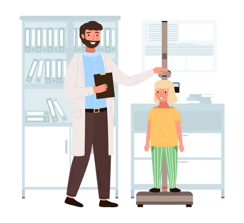 Doctor measures the child height  Illustration
