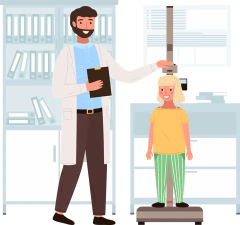 Doctor Measures The Child S Height Patient On Consultation In Medical Office With A Doctor Girl On Medical Check Up With Male Pediatrician Doctor Physical Examination Of The Growth Process Illustration