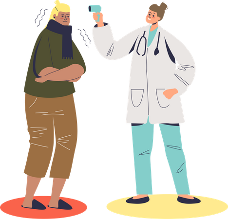Doctor measuring temperature of patient with fever Illustration