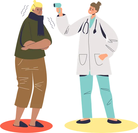 Doctor measuring temperature of patient with fever  Illustration