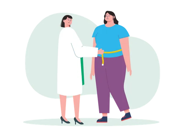 Doctor measuring waist of obese girl  Illustration