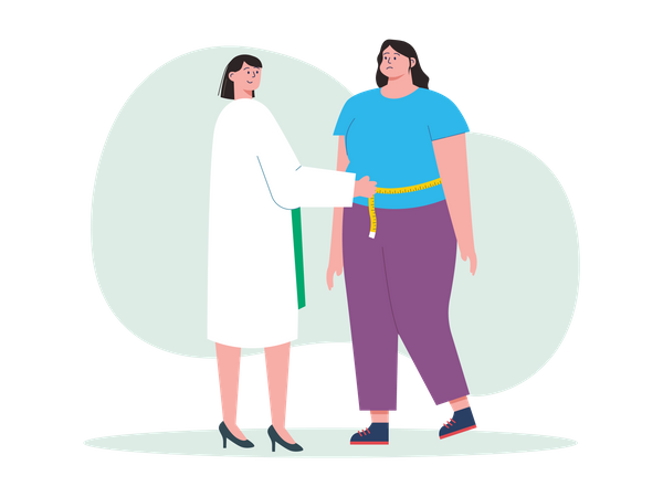 Doctor measuring waist of obese girl  イラスト