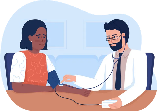 Doctor midiendo la presión arterial de una mujer triste  Ilustración