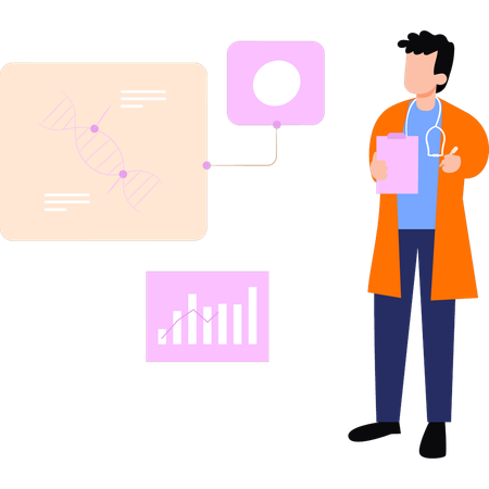 Doctor mirando la estructura del ADN.  Ilustración