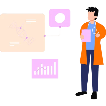 Doctor mirando la estructura del ADN.  Ilustración