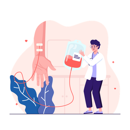 Doctor monitors blood transfusion from human hand into plastic container  Illustration