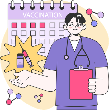 Doctor mostrando calendario de vacunas  Ilustración