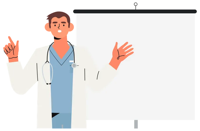 Doctor mostrando pantalla en blanco  Ilustración