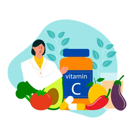 Doctor nutritionist explaining about food that contain vitamin c  Illustration