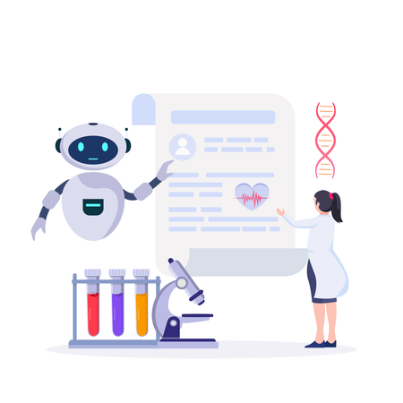 Doctor performing lab experiment with robot  Illustration