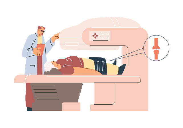 Doctor performs magnetic resonance imaging scan on elderly man joints  Illustration