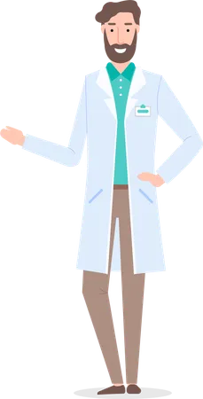 Isolated At White Cartoon Character Doctor Man Or Surgeon Wearing Medical Gown Handsome Bearded Therapist Gesturing Hand Healthcare Medical Concept Physician Or Medical Specialist In Flat Style Illustration