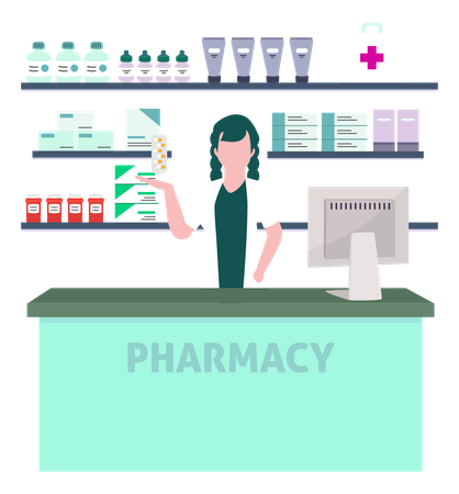 Doctor Pointing At Medicines In Pharmacy  Illustration