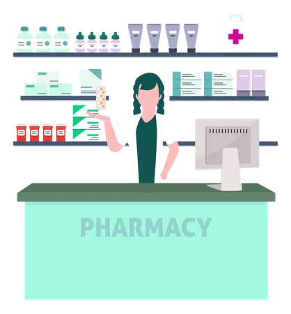 Doctor Pointing At Medicines In Pharmacy  Illustration