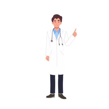 上を指差す医師とアドバイスを与える男性医療従事者  イラスト