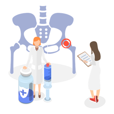 Doctor poniendo una inyección de cortisona en la articulación de la cadera.  Ilustración