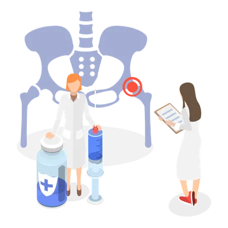 Doctor poniendo una inyección de cortisona en la articulación de la cadera.  Ilustración