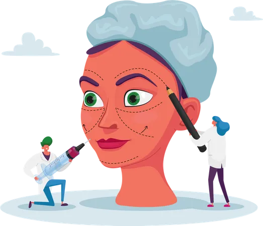 Tiny Doctor Characters Preparing Woman For Plastic Surgery Drawing Lines On Face And Put Injections Mesotherapy Cosmetics Procedure Beauty Medicine Industry Cartoon People Vector Illustration Illustration