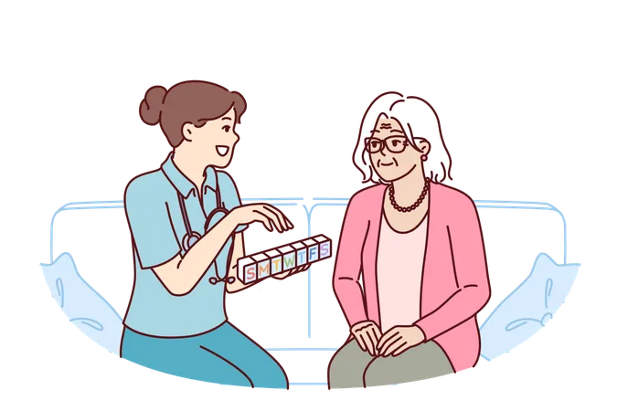 Doctor Prescribes Medication To Elderly Female Patient And Holds Pills With Smtwtfs Letters Organizer For Pills In Hands Of Therapist Caring For Grandmother Suffering From Sclerosis Illustration