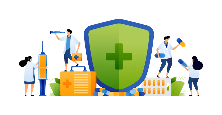 Vector Illustration Of Doctor Prescribing Medicine With Protective Shield For Safety Medical Professional With Protective Shield And Prescription Can Use For Ad Poster Campaign Website Apps Illustration