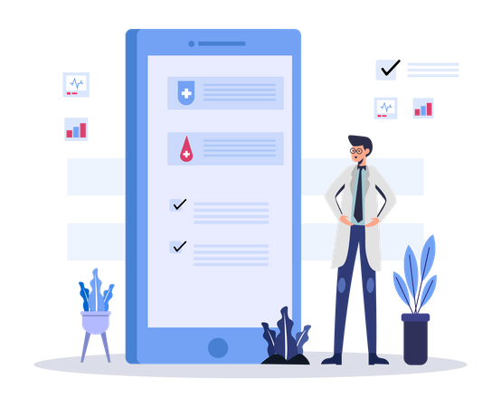 Doctor Presenting Medical Checkup list on Mobile  Illustration