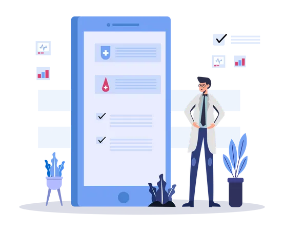 Doctor Presenting Medical Checkup list on Mobile  Illustration