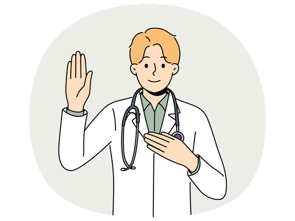 Doctor pronounces hippocratic oath and puts hand on heart  Illustration