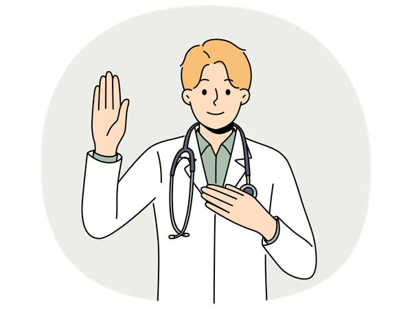 Doctor pronounces hippocratic oath and puts hand on heart  Illustration