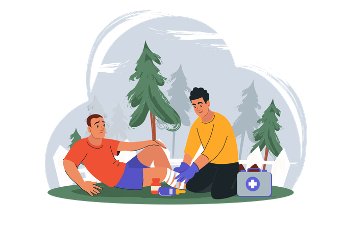 Doctor provides first aid to a man who sprained his leg in forest  Illustration