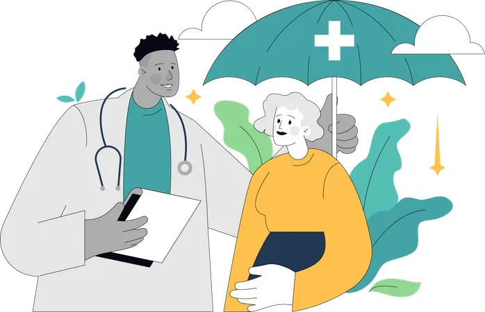 Doctor provides medical insurance to old lady  Illustration