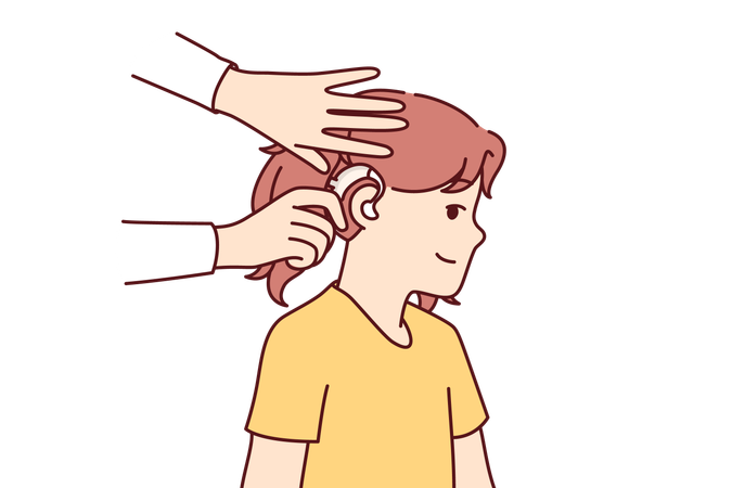 Doctor puts hearing aid on child's ear  Illustration